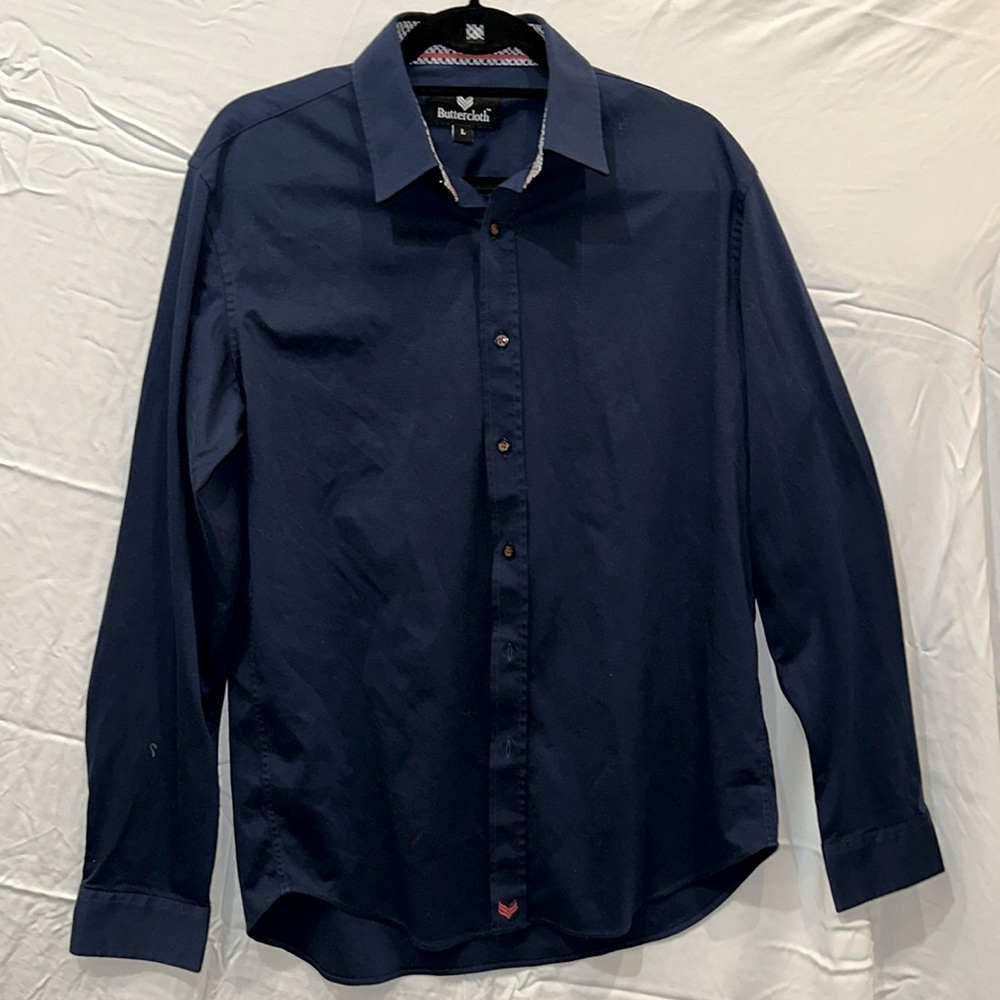 Buttercloth Men’s Dark Blue Button Down Shirt, Size Large